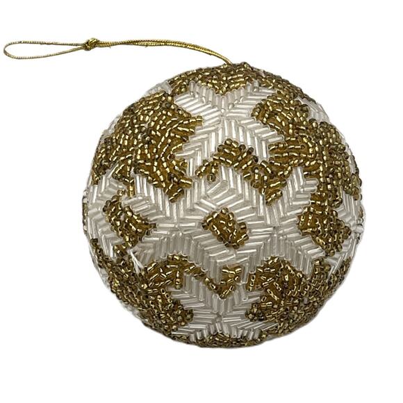 Beaded Christmas Ball Ornaments Handmade White Gold Beads Holiday Tree Decor - Picture 1 of 6